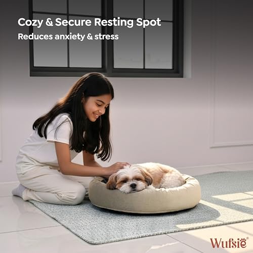 Image of Velvet Dog Bed in Round Shape | Small 60 Cm | Premium Velvet Pet Bed for Cats and Puppies | Soft & Cozy Sleeping Bed for Dog with Removable Insert | Black & Cream