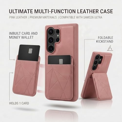 Image of amazon basics Premium Vegan Leather Back Cover with Card Holder and Integrated Mobile Stand for Samsung Galaxy S26 Ultra 5G - Slim Shockproof Wallet Case with Geometric Stitching [Pink]