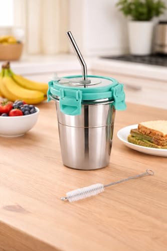 Image of Stainless Steel Fusion Glass Tumbler with Stainless Steel Metal Straws and Cleaning Brush with Steel Lid (SIP Easy 2) 250ML