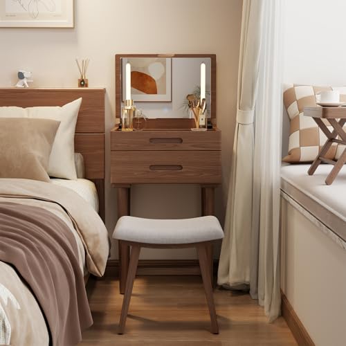 Muwuele Solid Wood Small Vanity Desk with Flip Top Mirror, Brightness Adjustable Lights, Compact...