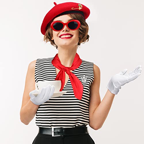 Image of Zhanmai 6 Pcs French Red Beret Hat Set Women Girls Paris Outfits Accessories Retro Chiffon Scarf Oval Sunglasses Gloves Alloy Brooch for Halloween Costume Accessories