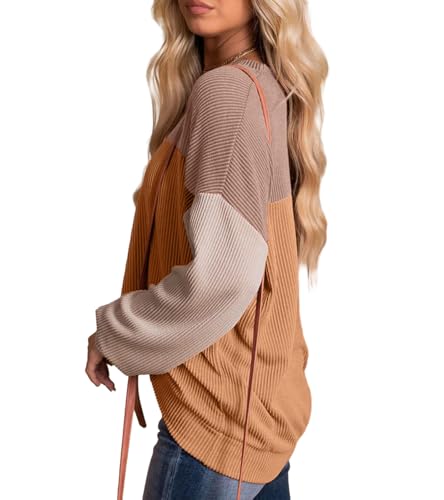 Womens Fashion 2024 Fall Long Sleeve Color Block Crewneck Knitted Ribbed Tops Casual Comfy Loose Blouse Pullover3