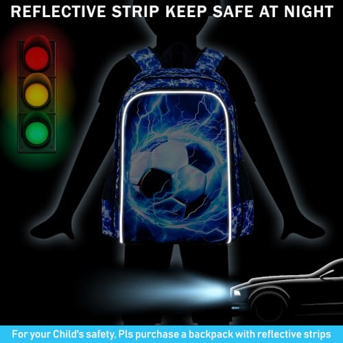 UFNDC 3PCS Boys Soccer Backpack, Kids Lightning Bookbag with Lunch Box, 17" Water Resistant School Bag for Teenagers Elementary Middle3