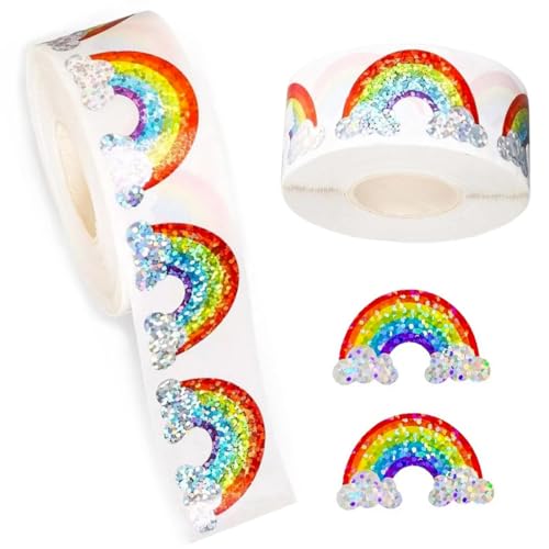 Holographic Rainbow Stickers 1000Pcs Glitter Vinyl Stickers Sparkling Roll Rainbow Decals for Envelope Journal Decor Birthday Teacher Reward