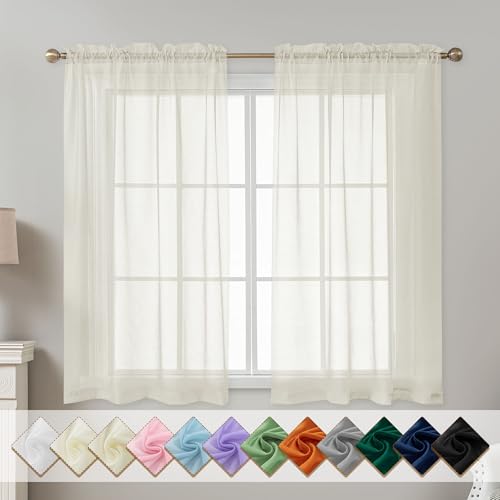 Image of Ivory Sheer Curtains 54 Inch Length, Privacy Semi Sheer Curtains for Dining Room Kitchen, Light Filtering Rod Pocket Voile Window Drapes 2 Panels Set, Each 42 inch W x 54 inch L