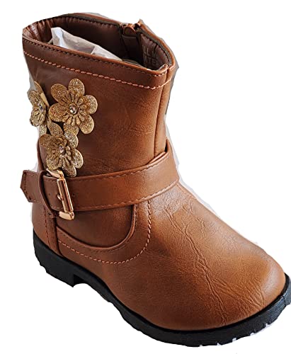 Jelly Bean Girl Combat Boot Bootie Black Tan Pink Flowered BCT01 (Tan, 4 Little Kid, numeric_4)