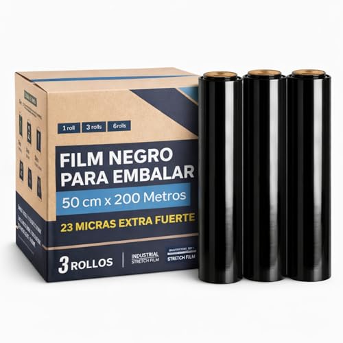 Film Negro para embalaje, Rollo de Film Elástico Manual Industrial, rollo embalaje Negro, Grosor de 23 micras extra fuerte, 50 cm de ancho x 200 Metros largo, Contiene 3 rollos