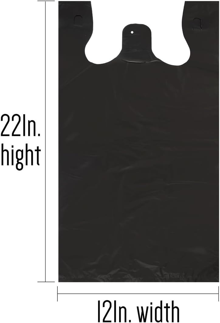 Large Plain Black (400 CT) Embossed T-Shirt Bags, 12" X 7" X 22", 17 MIC, Black Bags with Handled, Bulk, Grocery, Retail, Heavy Duty, Made in Korea - Image 2