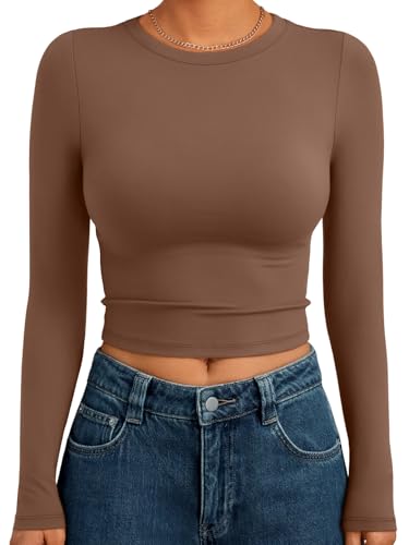 Trendy Queen Womens Long Sleeve Crop Tops Basic Slim Fitted Shirts Casual Fashion 2025 Going Out Y2k Tops Teen Girl Clothes Brown S