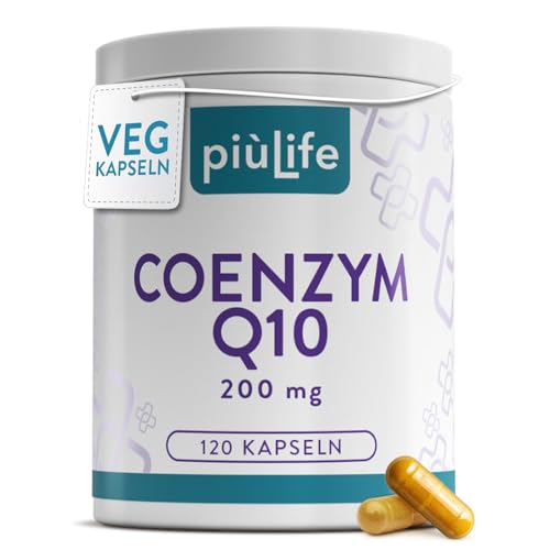 Q10 Kapseln Hochdosiert 200 mg PiùLife – 1 Kapsel täglich – vegan, glutenfrei, laktosefrei – Coenzym Q10 Natürlich fermentiert aus Ubiquinon CoQ10 Q 10 – 120 Kapseln