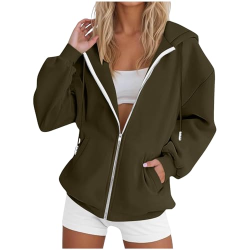 Women Fashion Zip Up Sweatshirt Hoodies Casual Fall Y2k Long Sleeve Coats Solid Color Loose Jacket with Pockets