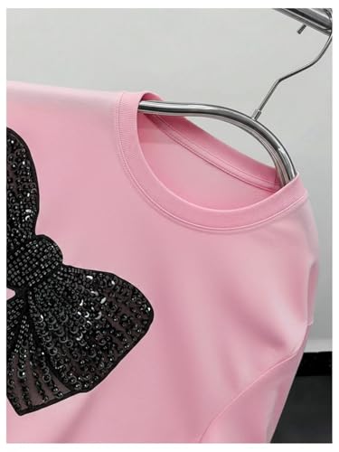 Image of RoseSeek Women's Rhinestone Sequin Bowknot Graphic Tees Short Sleeve Crewneck Summer Tops Going Out T Shirt