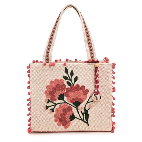 Image of Boho Girl Marigold Mini Tote Bag | Floral Embroidered Hand Bag with Pom-Poms & Tassel |Handbag, Shoulder Bag, Shoulder Women Bag with Inside Pocket | Jacquard Canvas Material