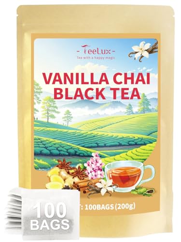 Image of TeeLux Vanilla Chai Tea Bags, Premium Black Tea with Cinnamon, Ginger, Cardamom, Star Anise, Full-bodied & Spicy Flavor, 100 Count