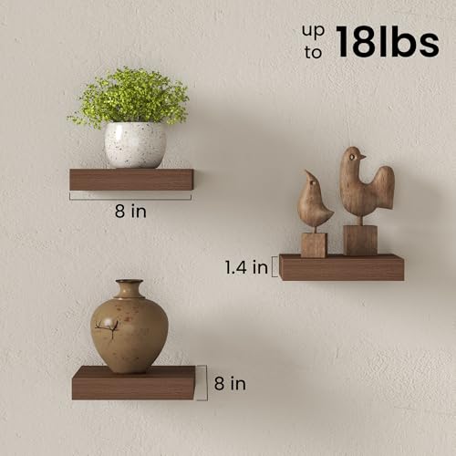 Image of Fun Memories Small Floating Shelves for Wall - 8 Inch Square Wall Shelves with Invisible Brackets, Walnut Shelves for Bathroom, Living Room, Bedroom, and Kitchen Decor, Set of 3