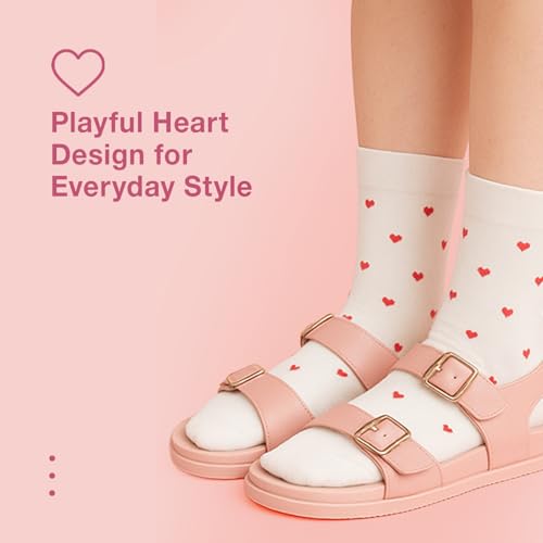 Image of Women's Cute Heart Pattern Crew Socks - 3 Pairs Colorful Novelty Gift Set - Soft Cotton Cozy Socks for Casual Wear