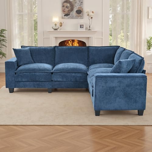 Image of 97 inch L Shaped Couch Corner Sofa, 5 Seater Oversized Cloud Couch with 2 Pillows Chenille Modular Sectional Sofa Armrests with Two Hidden Storage Space Sectional Couches for Living Room Dark Blue