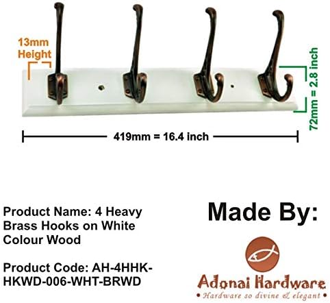 Adonai Hardware 4 Heavy Brass Hooks on White Colour Wood (Antique Copper)