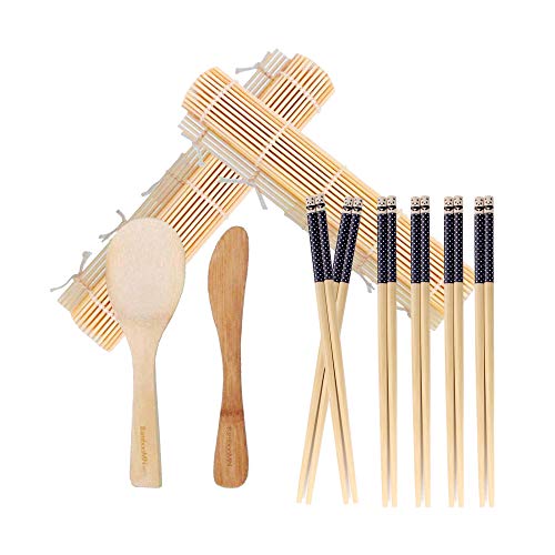 Bamboomn Sushi Making Kit 2X Natural Bamboo Rolling Mats, 1X Rice Paddle, 1X Spreader And 6 Pairs Chopsticks #TOP3