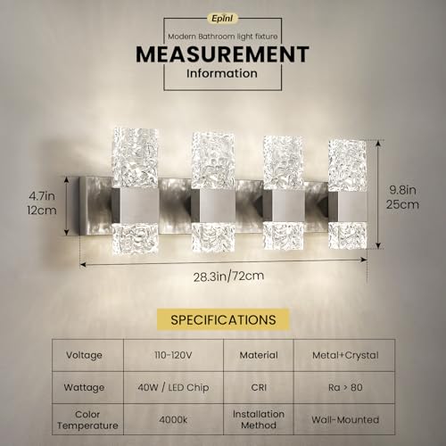 Image of Epinl Brushed Nickel 4-Light Bathroom Vanity Lights, 4000K Modern Bathroom Lighting Fixtures Over Mirror, 28 inch LED Crystal Bathroom Light Fixtures Hardwired Wall Sconces for Bathroom Living Room