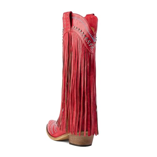 Image of Fringe Cowboy Boots for Women Wide Calf Embroidered Tassal Cowgirl Boot Knee High Snip Toe Pull On Western Shoes