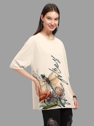 Image of HELLCAT Beige Trendy Printed Oversized T-Shirt for Women