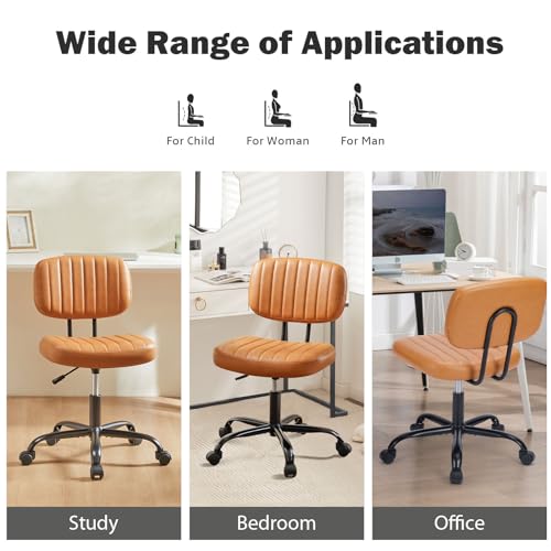 DUMOS Small Armless Home Desk Chair with Low Back Lumbar Support, Height Adjustable PU Leather Computer Task with 360° Swivel Wheels, for Small Space, Kids and Adults, Brown