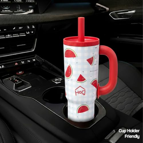 Image of House of Quirk 1200ml Stainless Steel Tumbler with Handle, Straw & Straw Cap | Leakproof Water Bottle | Large Capacity Travel Mug (Melon Grid)