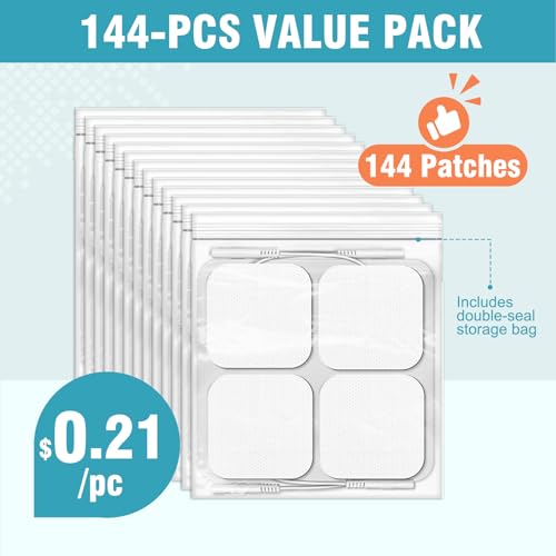 Image of 144-Count TENS Unit Pads (2 inchx2 inch), Reusable Self-Adhesive Electrodes Pads with 0.2mm Connector, Latex-Free, Hypoallergenic & Compatible with TENS /EMS
