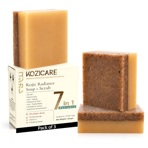 Image of Kozicare Kojic Radiance Soap & Scrub - Japanese 7-in-1 Formula, Pack of 3