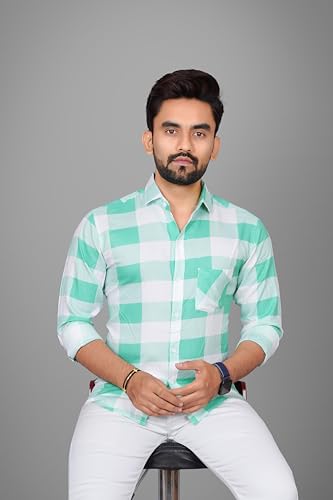 Image of Voroxy Men's Casual Checks Shirt with Pockets Cotton Blend Stylish Branded Checkered Pattern Formal Shirt & Regular Fit Full Sleeves and Spread Collar Style