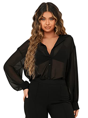 SheIn Damen Durchsichtige Bluse Drop Shoulder Cadigen Knöpfen...