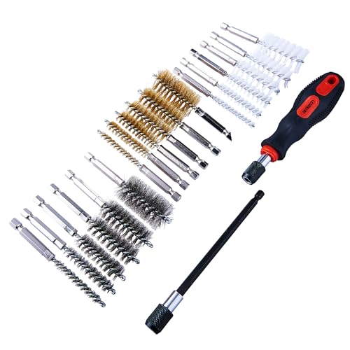 Amtech - Set of Small Wire Brushes for Cleaning, Made from Tough Steel, Glass, and Nylon, Versatile Choice of Sizes with 1/4” Hex Drive Shank, Comfortable Handle, Extended Reach (20pc)