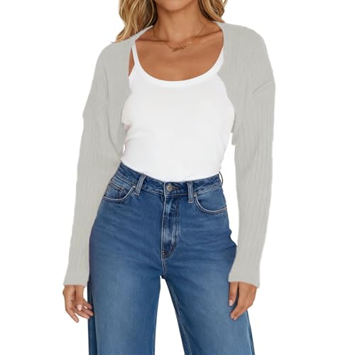 Image of Women Long Sleeve Open Front Ribbed Knit Crop Cardigan Solid Loose Drop Shoulder Shrug Bolero Crop Sweater Top