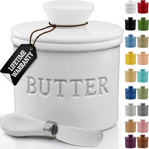 PriorityChef Butter Crock with Lid with Water Line,Ceramic French Butter Dish to Leave On Counter, White