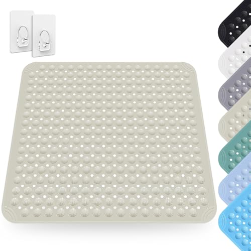 Tapis De Douche, 80 x 80 cm Tapis Antidérapant avec Ventouses avec Trous D'évacuation, Tapis Antidérapant en PVC, Tapis de Douche Carré Lavable, Lavable en Machine, pour Douche et Sauna, Kaki