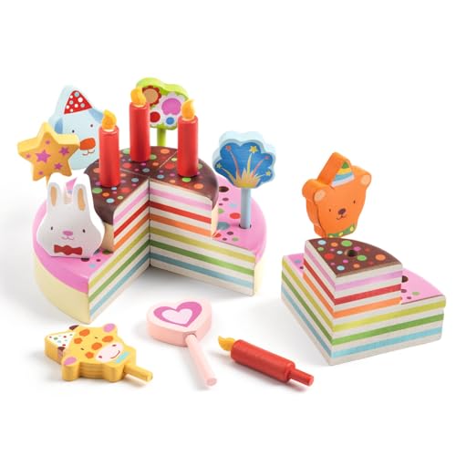 DJECO, Kids' Wooden Cake Toy, Happy Birthday, Rainbow, 12 Pieces by DJECO - Used condition - US$27.54