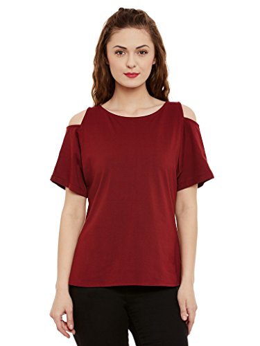 Image of Miss Chase Women's Black Cold Shoulder Round Neck Short Sleeved Solid Top