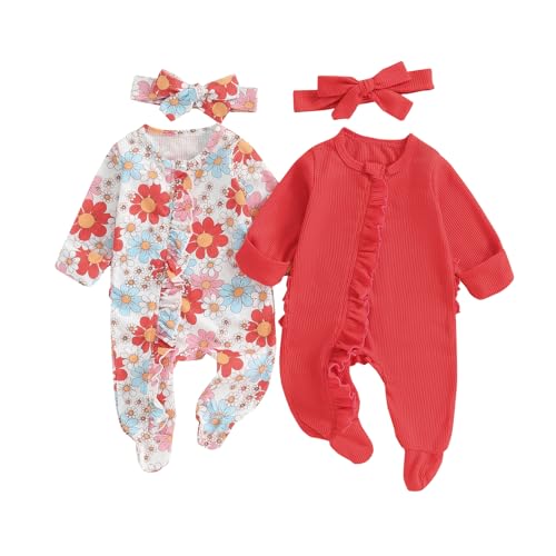 Image of Baby Girl Footies Newborn Zipper Sleeper 2 Pack Ruffle Pajamas Romper Coming Home Outfit