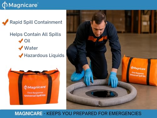 Image of Universal Spill Kit OSHA Approved - Biohazard Clean up Kit for Oil, Water & Chemicals | 15 Absorbent Pads, 2 Socks, PPE, Biohazard Bags in Bright Orange Duffel Bag