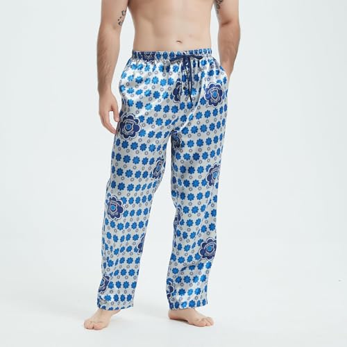 Mens Christmas Satin Pajama Pants Set, Silky Feeling Lounge Pants, Long PJ Bottoms with Pockets and Button Fly3