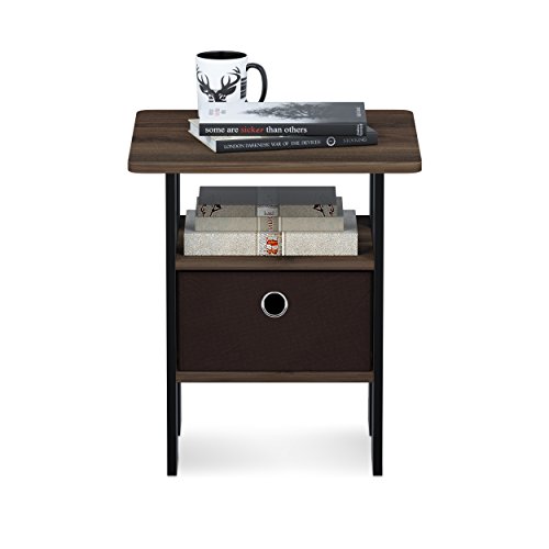 Image of Furinno ANDREY Square Side Table, End Table, Night Stand, Columbia Walnut | Open Shelves and Storage Bin, Bedside Table, for Living Room, Bedroom