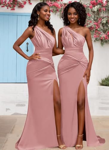 One Shoulder Satin Bridesmaid Dresses for Women with Slit Mermaid Prom Dresses Long Formal Evening Party Gown4