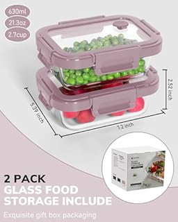 BOROHOUSE 2-Pack Glass Food Storage Containers with Tempered Lids (21.3oz/2.7cup) - Airtight Snap Lock, Microwave & Oven Safe (-4℉~ 950°F), Freezer to Baking Dish, BPA-Free, Gift Box (Pink)