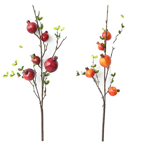 26 Pulgadas Largo Rama de árbol de Granada Artificial,Bayas de Rosa Ramo con Hoja Verde Simulación Fruta Flor Accesorios para Mesa Navidad Centro Pieza Florero Decoración (Rojo+Naranja, 2)