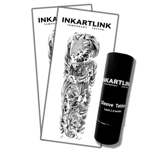 INKARTLINK Semi Permanent Tattoo 2 Pieces Full Arm Large Size Art Party Tattoos Comes with a Pair of Anti-Transfer Sleeves Lasts 7-15 Days Waterproof and Anti-Reflective (Koi Lotus)