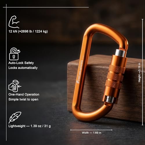 Image of FresKaro 3inch 12kN-2698lbs Auto Locking Carabiner Clips, Solid D Shape, Heavy Duty 7075 Aluminum, Lightweight 1.09oz, Rust Proof, for Hammock, Hiking, Dog Leash, Keychain etc., Multi-Colors