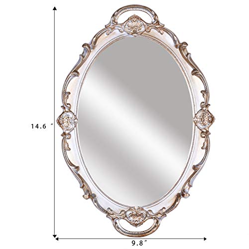 Zosenley Polyresin Ellipse Antique Decorative Mirror Tray, Makeup Organizer, Jewelry Organizer, Serving Tray, 9.8”x 14.6”, Golden Gray