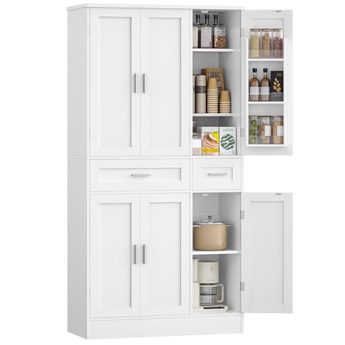 Hzuaneri Alacena de Cocina, 180 cm Aparador Comedor, 6 Puertas, 2 Cajón Grande, Estante de Almacenamiento Detrás de La Puerta, Armarios Altos de Cocina, Moderno, 40 x 92 x 180 cm, Blanco PT30003X