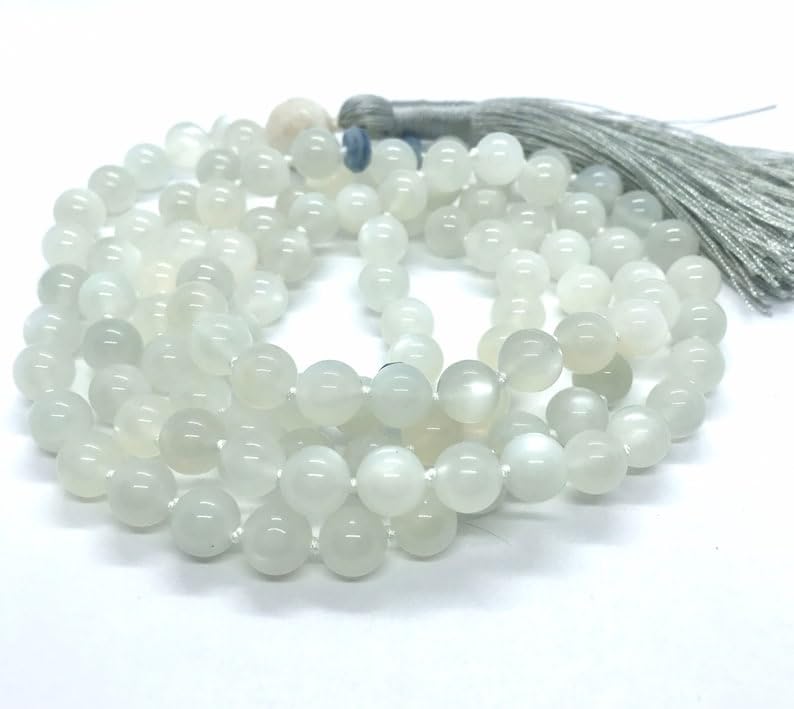 Naturalny biały błyszczący mleczny kamień księżycowy, cyjanit 8–12 mm 108 koralików mala, duchowe, koraliki do medytacji, Reiki, Japa Mala, buddyjskie koraliki modlitewne, bransoletka do jogi,